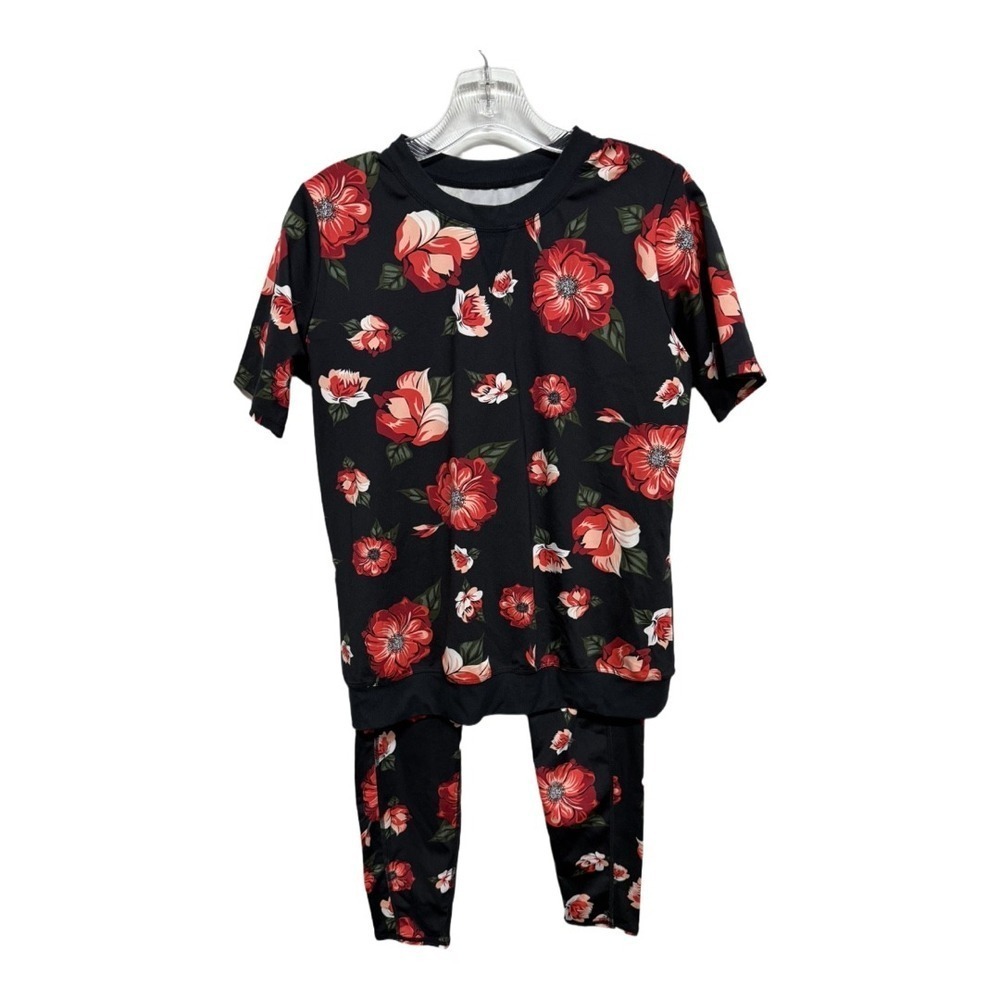 Tail Black Floral Leggings & Top Set with Red Flowers